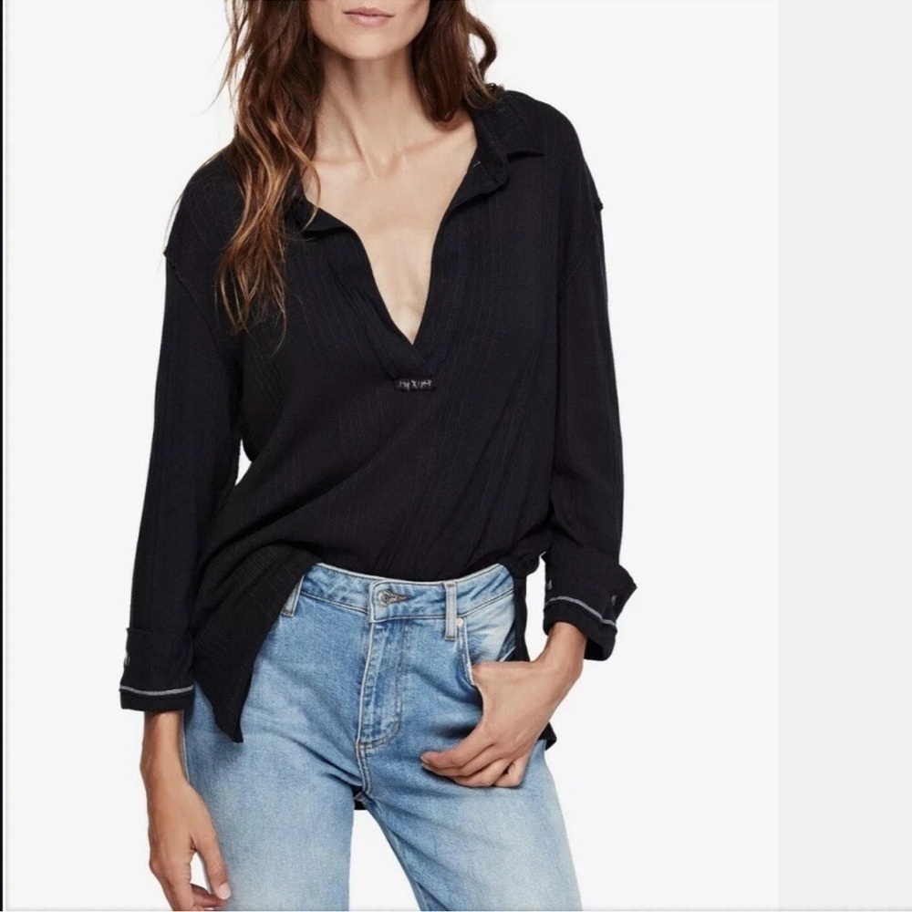 Free People Annie Ribbed Black Collared Flowy Top Large